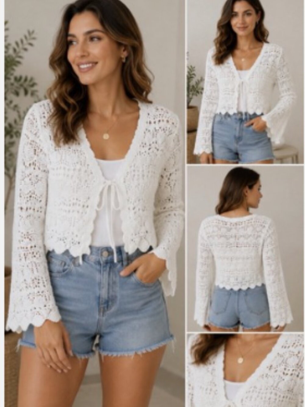 Moon & Madison White Crochet Front Tie Cardigan Sweater Large L